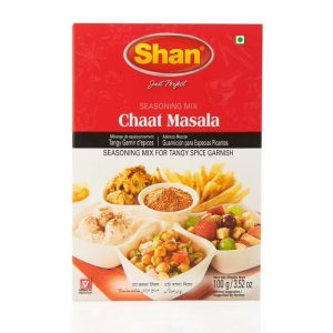 Shan Chaat Masala Seasoning Spice Powder for Tangy and Spicy Garnish on Savory Snacks box